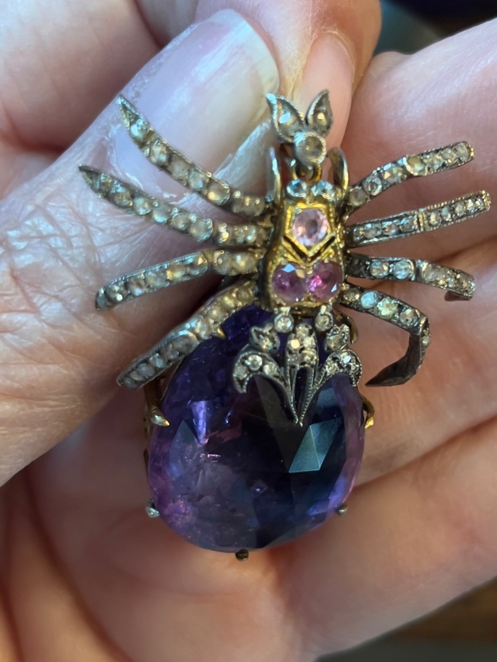 Antique SPIDER PENDANT 47.7ct Amethyst, Diamond, Blue & Pink Sapphire Gemstones - Picture 4 of 6